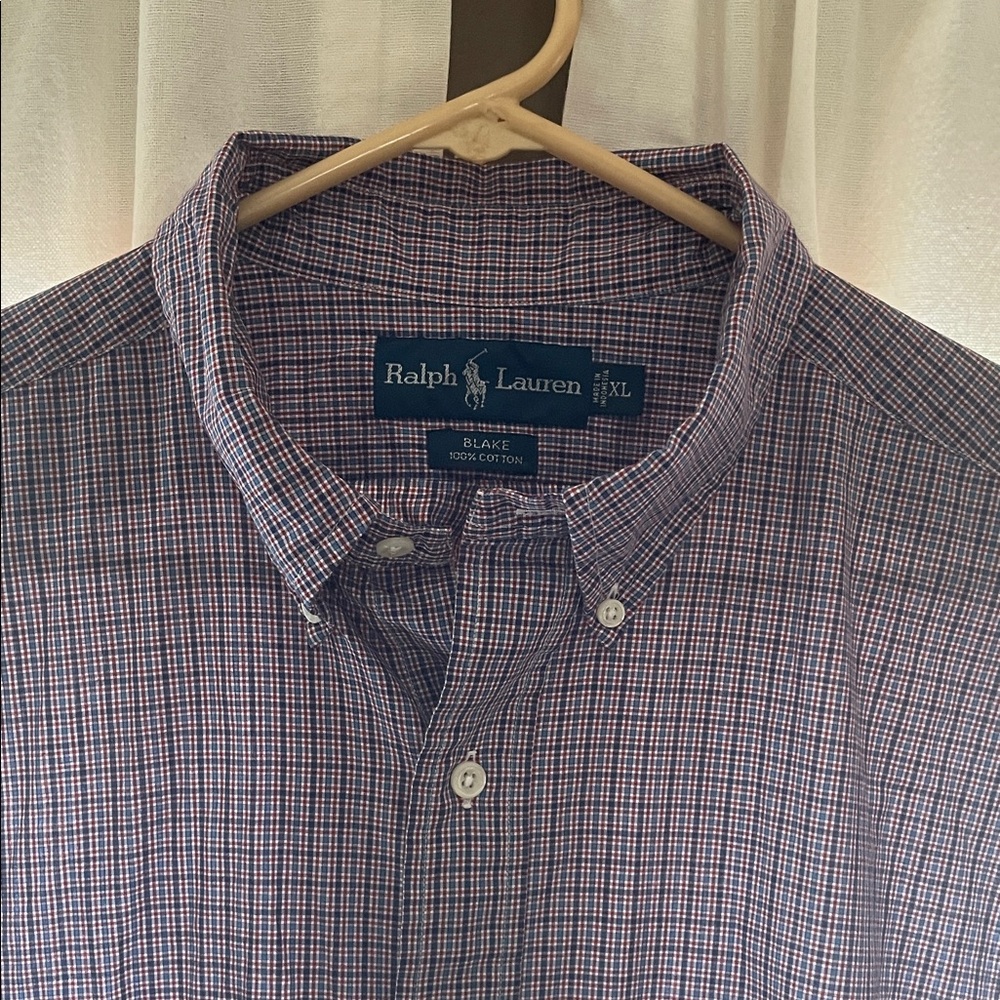 Ralph Lauren Men's Red and Navy Micro-Check Button-Down Shirt.